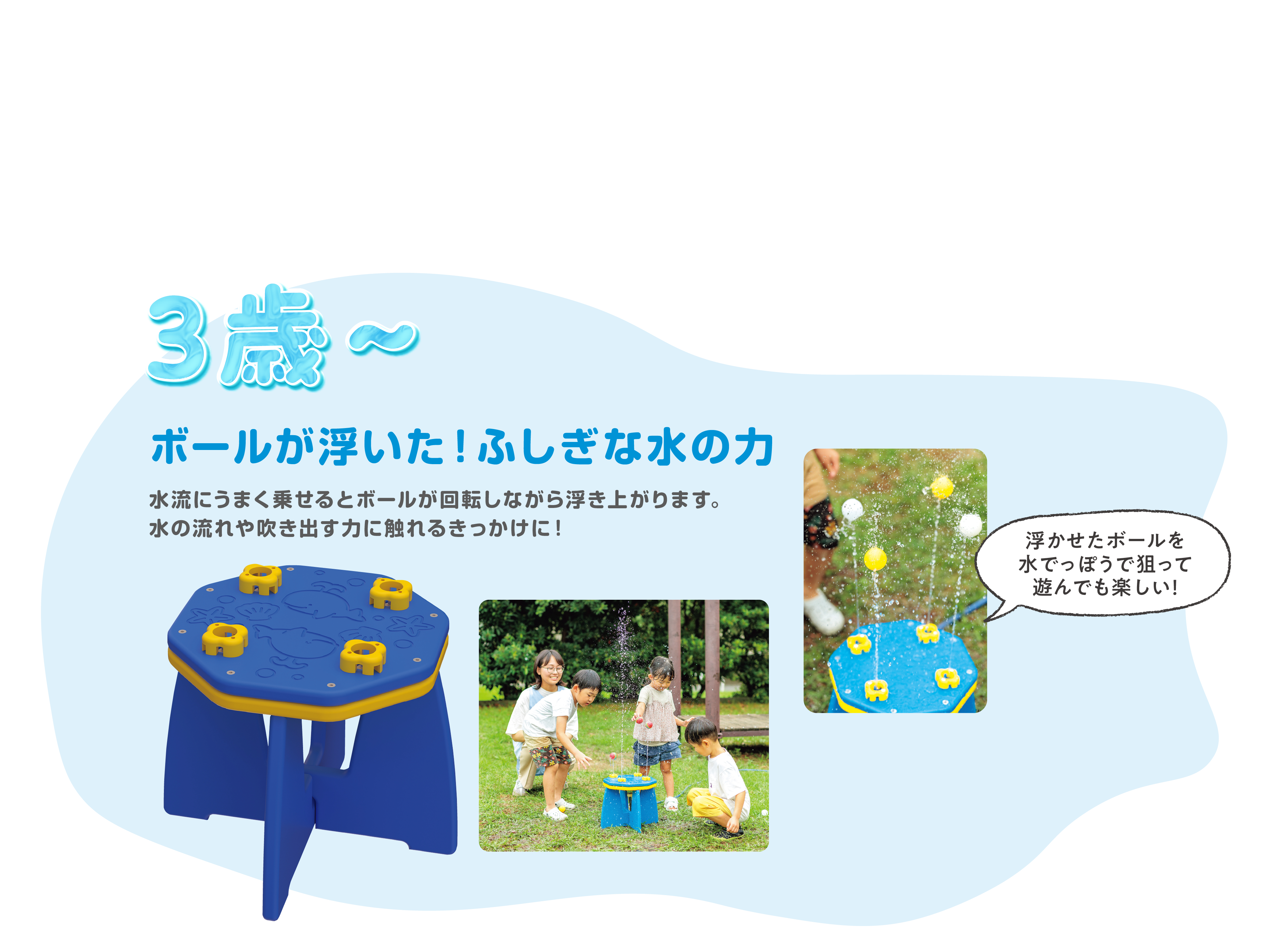 3歳児ー　ボールが浮いた！不思議な水の力
			　　　水流に上手く乗せるとボールが回転しながら浮き上がります。水の流れや吹き出す力に触れるきっかけに！